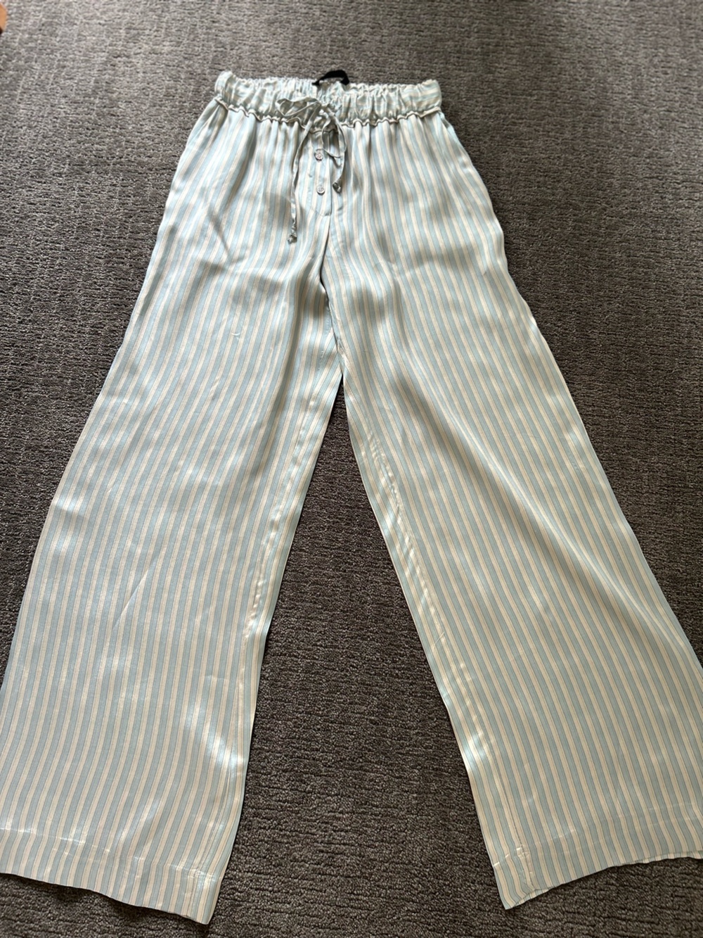 Zara Sage Green and Cream Striped Satin Blend Wide Leg Pants